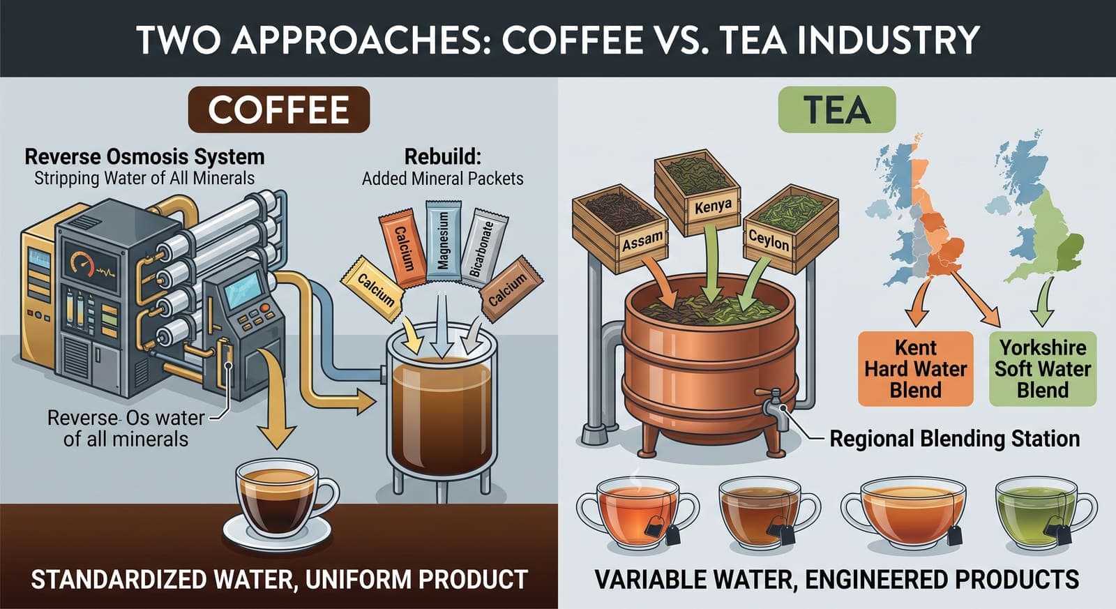 A split diagram. On the coffee side, a reverse-osmosis rig strips the water and mineral sachets rebuild it to one specification. On the tea side, the water is left alone and leaves from Assam, Kenya and Ceylon are blended differently for hard-water and soft-water regions.