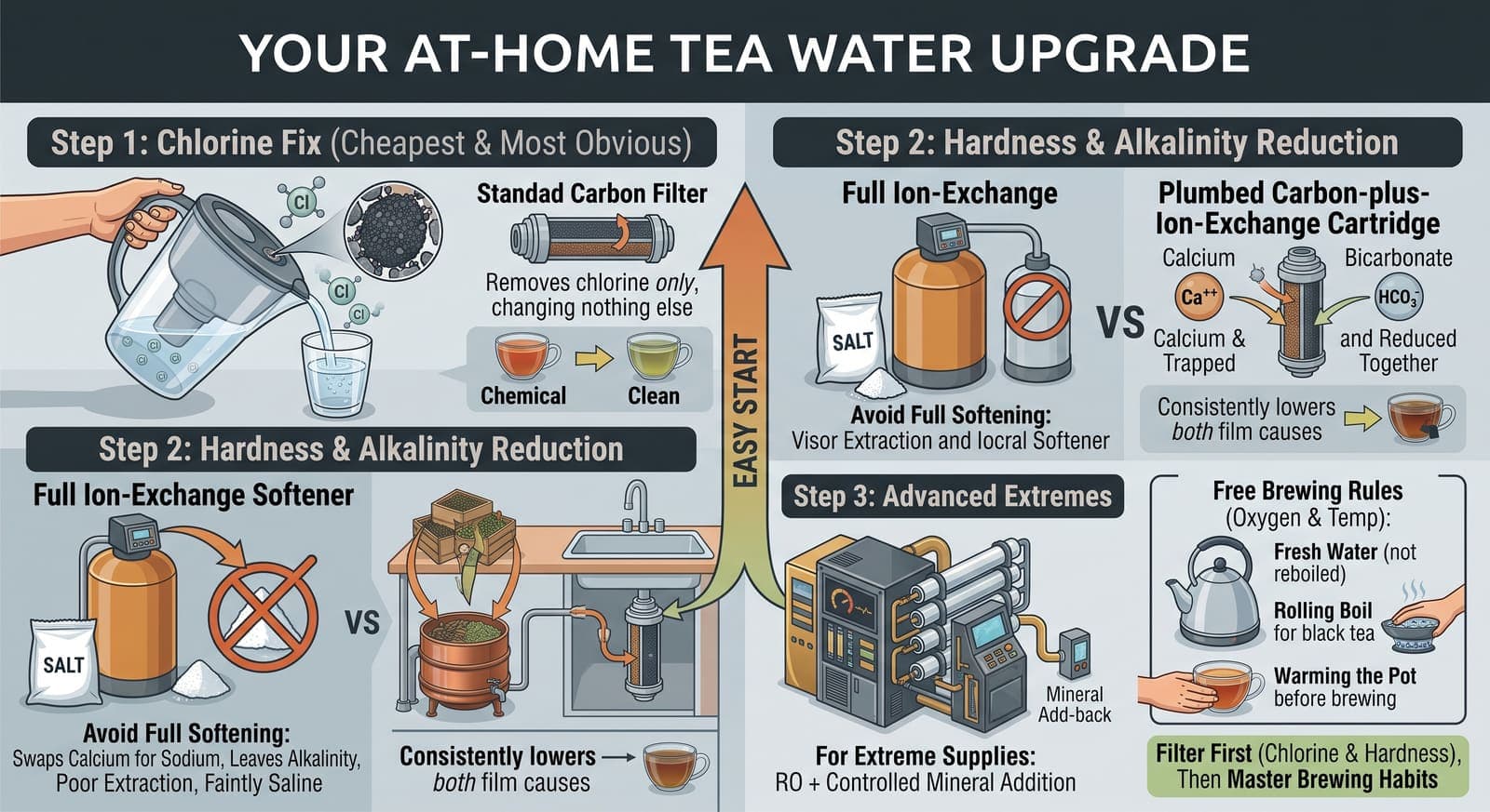 A staged diagram: a carbon filter jug removing chlorine first, then a comparison rejecting a full ion-exchange softener in favour of a plumbed carbon-plus-ion-exchange cartridge that lowers calcium and bicarbonate together, then reverse osmosis with mineral add-back for extreme supplies, alongside the free brewing habits: fresh water, a rolling boil, a warmed pot.