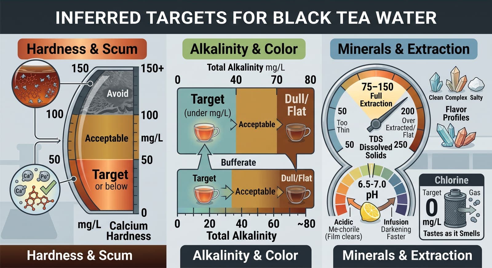 Three panels of dials and scales. Calcium hardness is shown as a gauge running from a target zone at the low end through an acceptable band into a region marked avoid, where the surface film forms. Total alkalinity is a bar running from a target band into a region where the cup goes dull and flat. A third panel covers dissolved solids as an extraction dial between too thin and over-extracted, pH between acidic and infusion-darkening, and chlorine at zero with a carbon cartridge beside it.