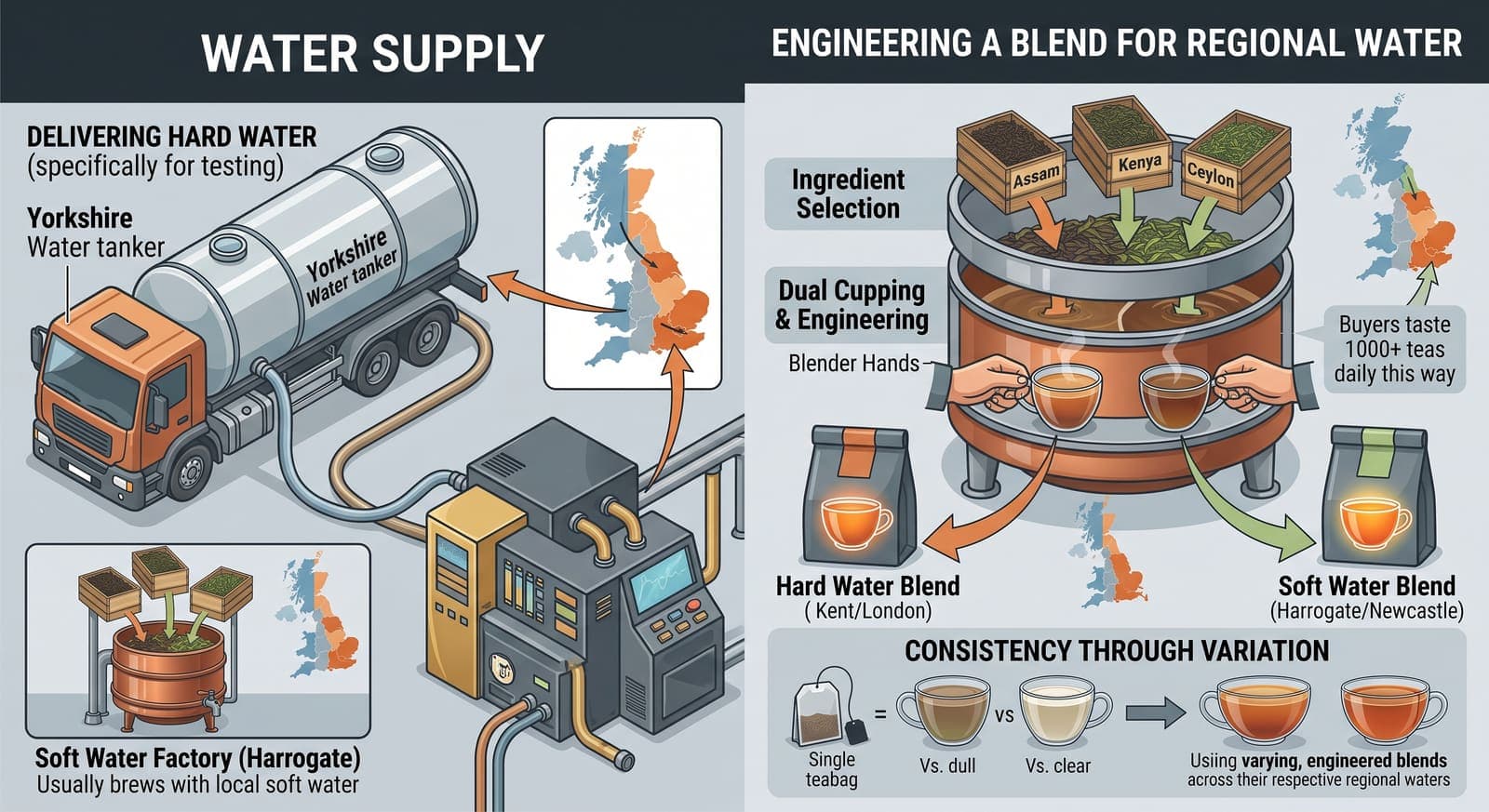 A tanker delivering hard water to a blending factory in a soft-water town, feeding a rig where buyers taste the same candidate tea brewed both ways. The output splits into two differently formulated products, one for hard-water regions and one for soft.