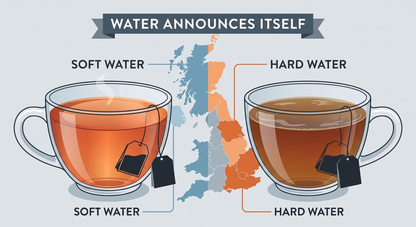 Two cups of the same tea side by side. The one brewed in soft water is bright and coppery and clear; the one brewed in hard water is dark, dull and carries a film. Between them, a map of Britain shaded soft in the north and west and hard in the south and east.