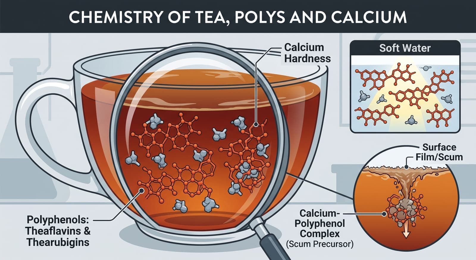 A cup of black tea seen through a magnifier, showing large polyphenol molecules (theaflavins and thearubigins) binding grey calcium ions and clumping into a precipitate that sinks, with an inset showing the same molecules staying dispersed in soft water.
