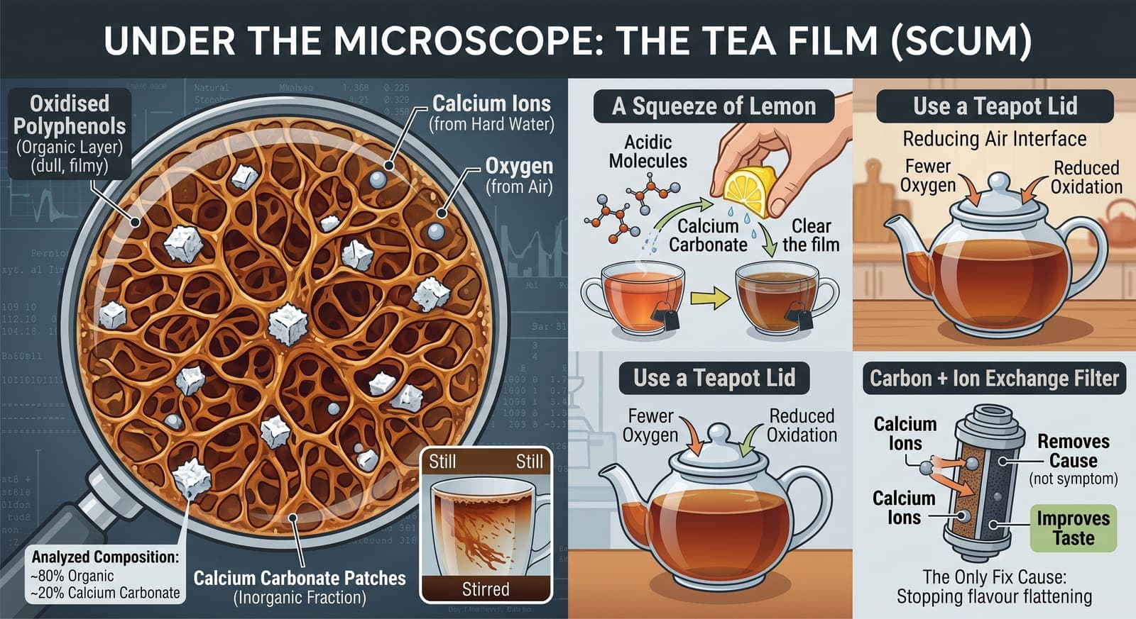 A magnified view of the surface film: a brown organic lattice of oxidised polyphenols with small white calcium carbonate patches set through it. Side panels show a squeeze of lemon dissolving the carbonate, a lidded pot reducing the air interface, and a carbon-plus-ion-exchange cartridge removing the calcium itself.