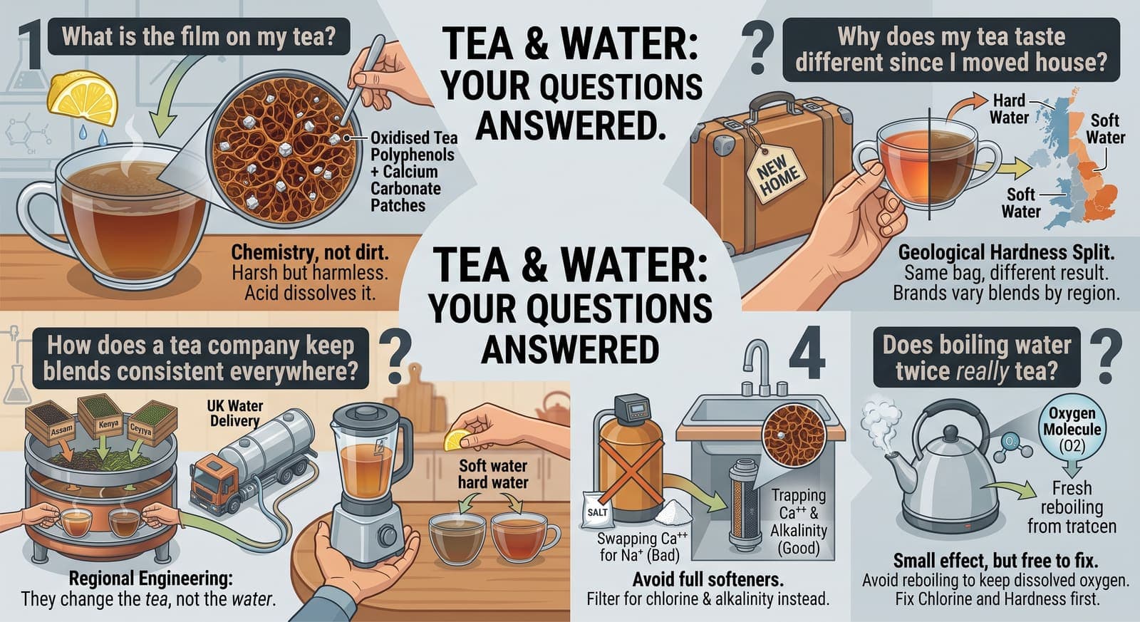 Four illustrated panels answering the questions on this page: the surface film magnified as polyphenols and calcium carbonate; a suitcase and a hard-soft map explaining why tea tastes different after moving house; a blending rig showing a company changing the tea rather than the water; and a rejected softener beside a filter cartridge.