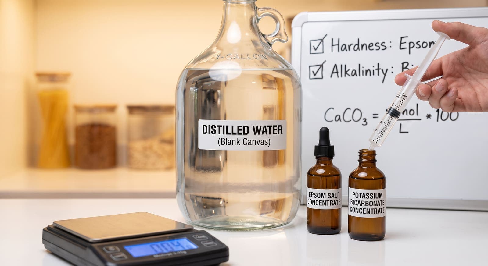 A kitchen counter set up as a recipe. A one-gallon jug labelled distilled water, blank canvas, stands beside two amber dropper bottles marked Epsom salt concentrate and potassium bicarbonate concentrate. A hand draws a measured volume out of one with a syringe. A jeweller's scale in the foreground reads a fraction of a gram, and a whiteboard behind carries the as-CaCO₃ conversion.