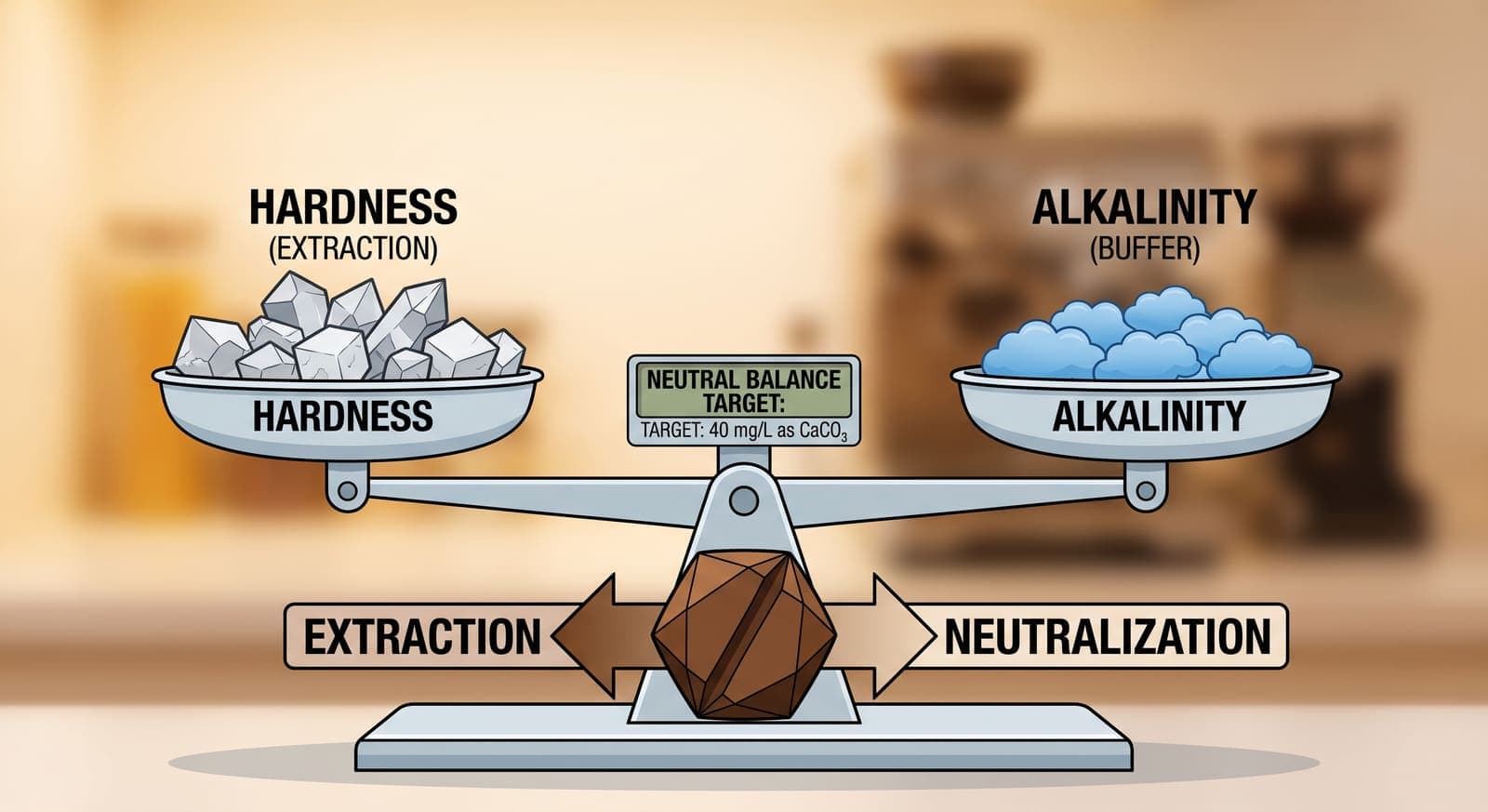A balance scale. On the left pan, jagged grey mineral crystals labelled hardness, for extraction; on the right, soft blue cloud-like ions labelled alkalinity, for buffering. A coffee bean sits at the fulcrum between arrows pointing to extraction on one side and neutralisation on the other, under a plate naming the neutral balance target.