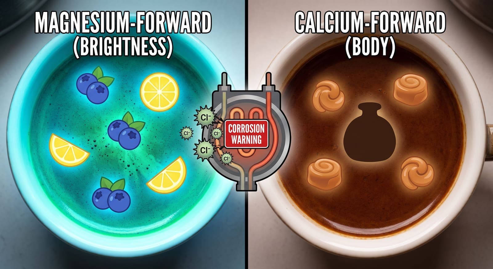 Two cups seen from above and split down the middle. The magnesium-forward side is tinted bright and carries citrus and berry icons for brightness and fruit acidity; the calcium-forward side is a deep brown carrying caramel icons for body and sweetness. Between them, chloride ions attack the heating element of an espresso boiler under a corrosion warning.