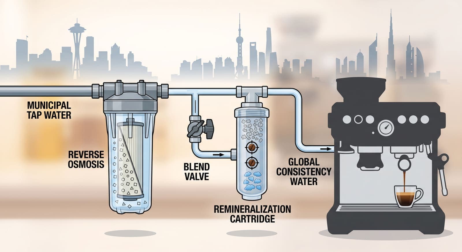 A plumbing schematic against three different city skylines. Municipal tap water enters a reverse osmosis housing that strips the dissolved minerals, then the line splits: a blend valve returns a measured fraction of untreated water, and a remineralisation cartridge redissolves a controlled amount of mineral. The recombined line feeds an espresso machine.
