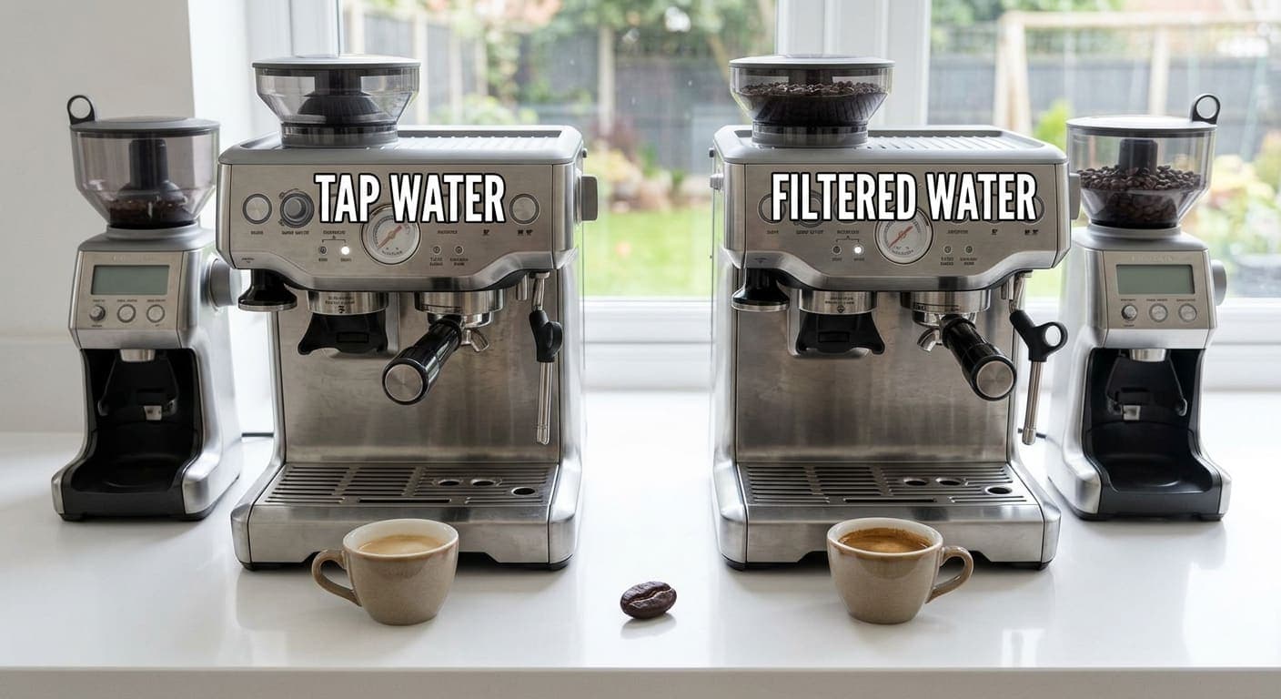 Two identical espresso machines side by side on a kitchen counter, each with its own matching grinder, labelled tap water and filtered water. The shot pulled on tap water has a thin, pale crema; the one pulled on filtered water has a darker, richer one.