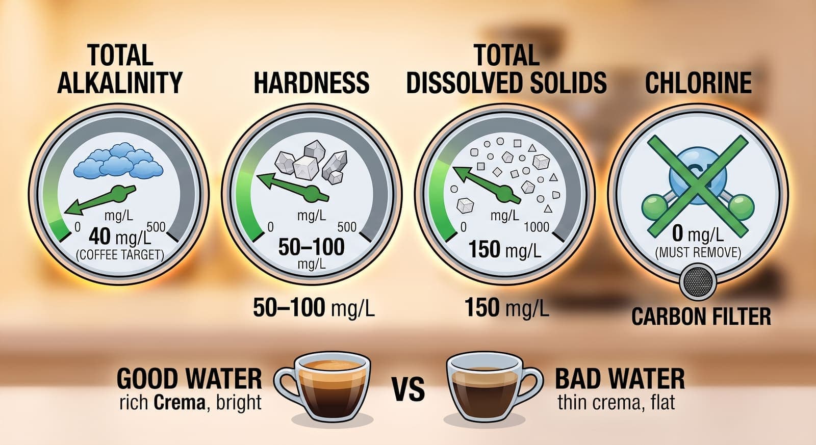 Four dials summarising the page. Total alkalinity, hardness and total dissolved solids each read low on their scale with the needle in a green arc, illustrated by bicarbonate clouds, jagged minerals and mixed dissolved shapes; chlorine is struck through entirely and paired with a carbon filter. Below, two espresso cups: a rich crema on good water beside a thin, flat one on bad.