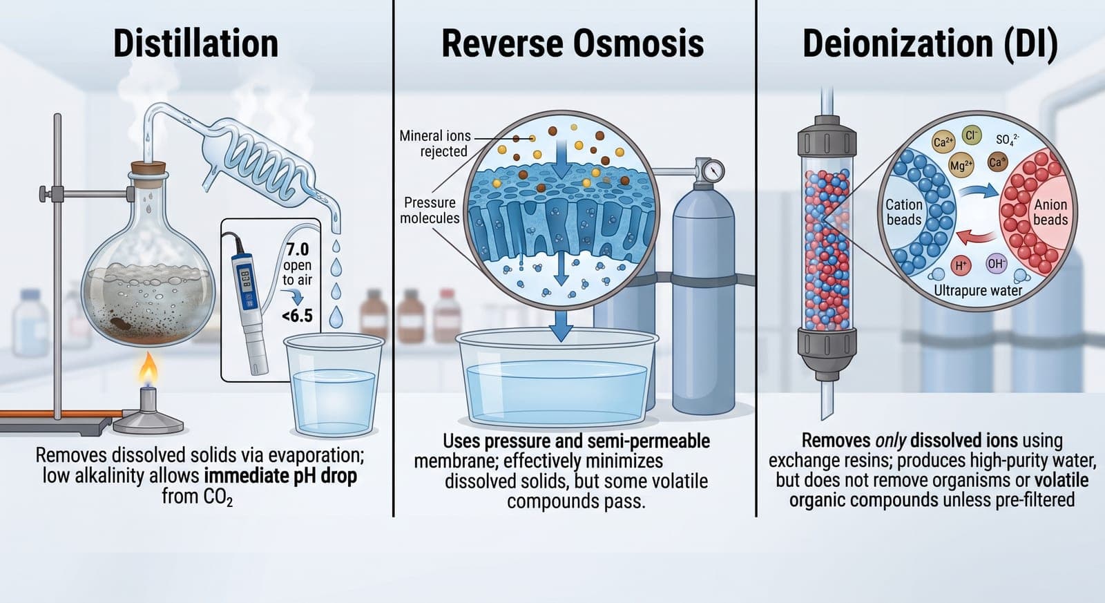 A three-panel diagram comparing the methods. Left, distillation: a flask of cloudy water boils over a burner, the steam condenses through a coil into a clean glass, and a pH meter shows the result reading 7.0 sealed but below 6.5 once open to air. Centre, reverse osmosis: a magnified cross-section of a membrane under pressure, water molecules passing through while mineral ions are turned back at the surface. Right, deionization: a clear cartridge packed with blue cation and red anion beads, magnified to show calcium, magnesium, chloride and sulphate ions being exchanged for hydrogen and hydroxide.