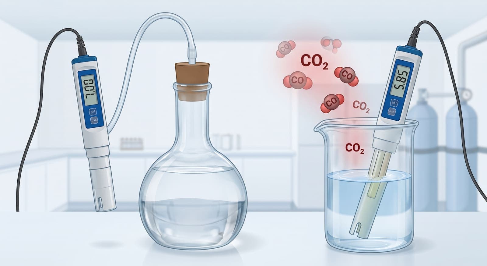 The same water measured twice. Sealed in a stoppered flask it reads neutral on a pH meter; poured into an open beaker with carbon dioxide settling into it from the air, a second meter reads well below neutral.