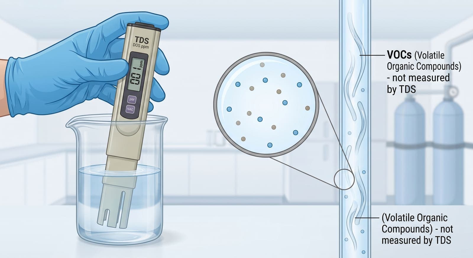 A gloved hand holds a TDS meter in a beaker, its display reading close to zero. Beside it, a magnified view of the water shows the dissolved mineral particles the meter counts, while wavy volatile organic molecules travel through a separate column labelled as not measured by TDS.