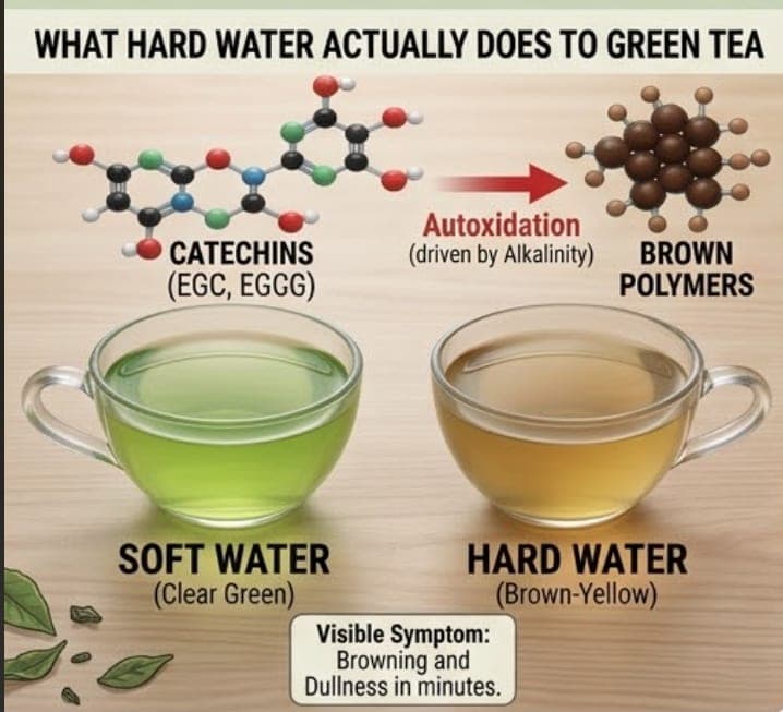 A two-part diagram. Above, a catechin molecule redrawn as a dense clump of brown polymer, with an arrow between them labelled autoxidation, driven by alkalinity. Below, two glass cups of the same green tea: the one brewed in soft water is clear green, the one brewed in hard water is brown-yellow. A note reads that the visible symptom is browning and dullness in minutes.