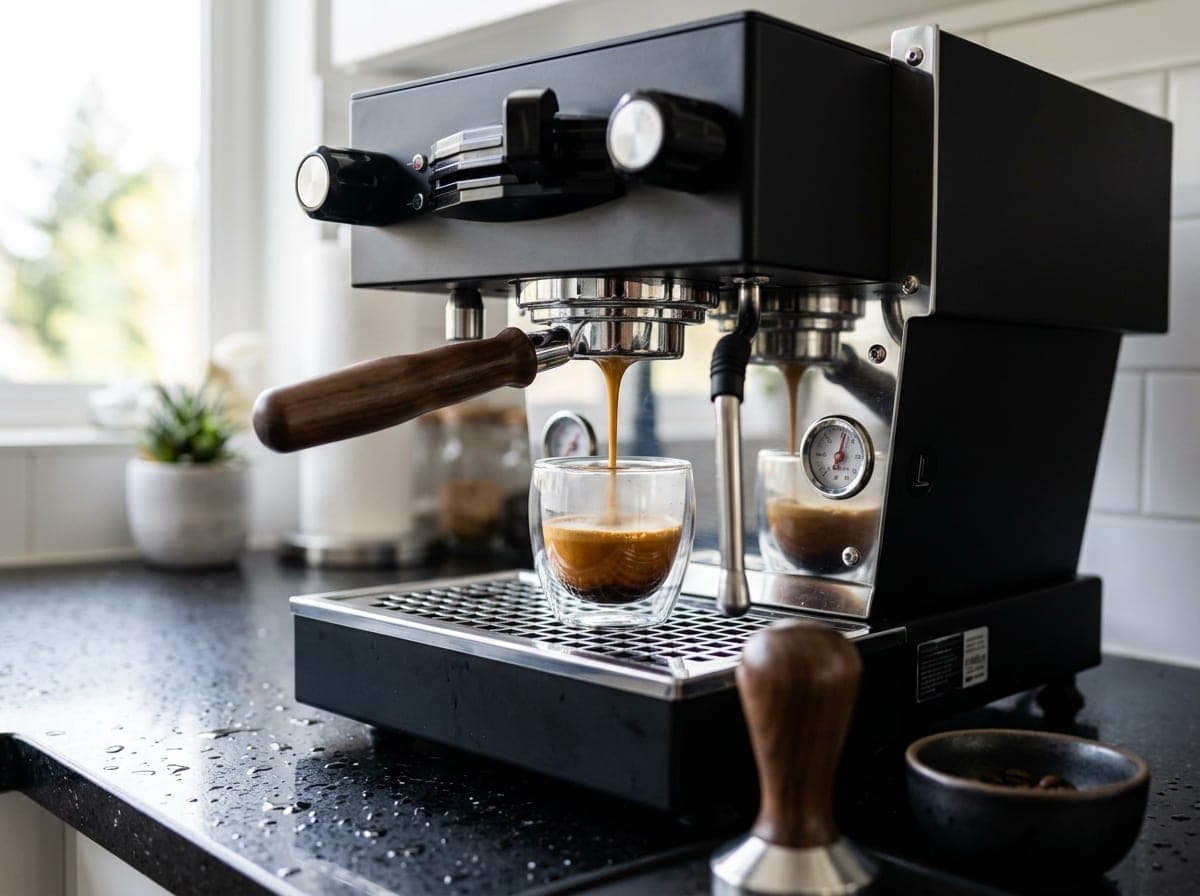 A chrome espresso machine on a cafe counter, steam wand catching the light.