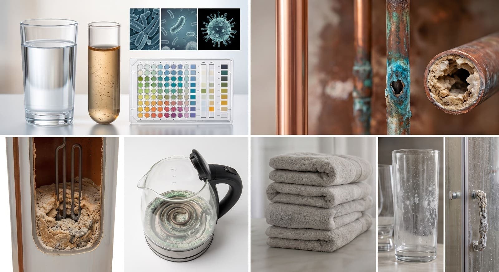 Photographs of household water problems: a clear glass beside a test tube of brown water and a colour comparator chart, microscope images of bacteria and a virus, copper pipe with green corrosion and a pinhole leak beside a pipe furred shut with scale, a water heater element buried in sediment, a kettle coil crusted white, and stiff grey towels beside spotted glassware and a limescaled shower screen.