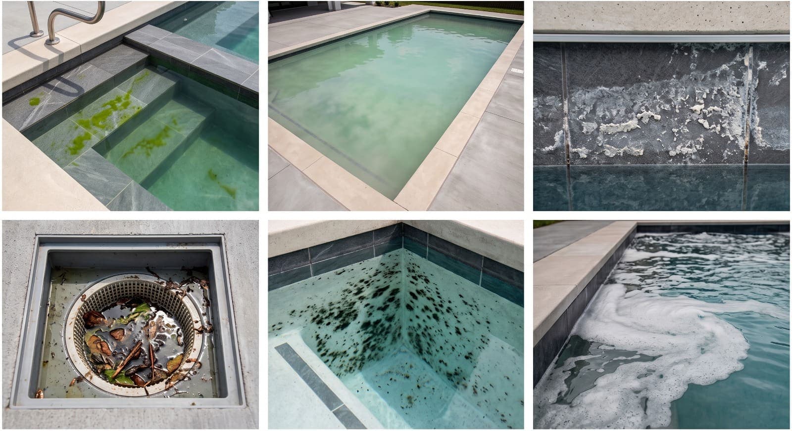 Six photographs of pool problems: green algae streaking down the steps of a spa, a whole pool gone milky green, a crust of white scale along the waterline tile, a skimmer basket packed with rotting leaves, black algae spots across a plaster corner, and a bank of white foam drifting across the surface.